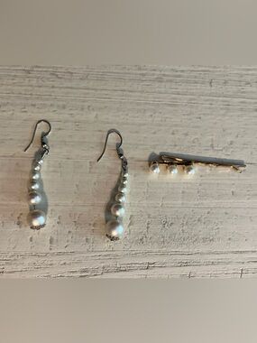 🔴Vintage Pearl Drop Dangle Fishhook Earrings Pearl Hair Pin Set Jewelry